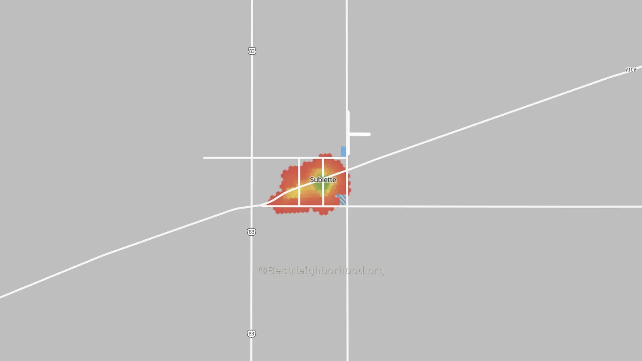 Walk Grade map of Sublette, KS, walkable areas in green and car-dependent areas in red