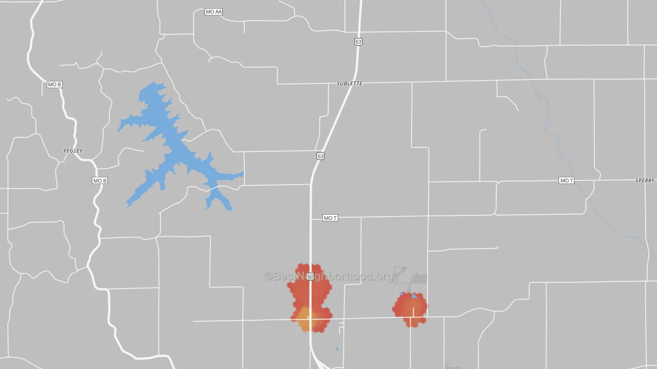 Walk Grade map of Sublette, MO, walkable areas in green and car-dependent areas in red