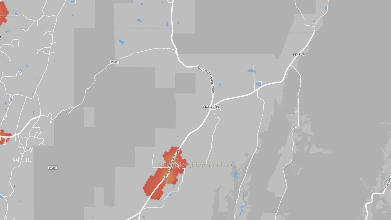 Walk Grade map of Subligna, GA, walkable areas in green and car-dependent areas in red