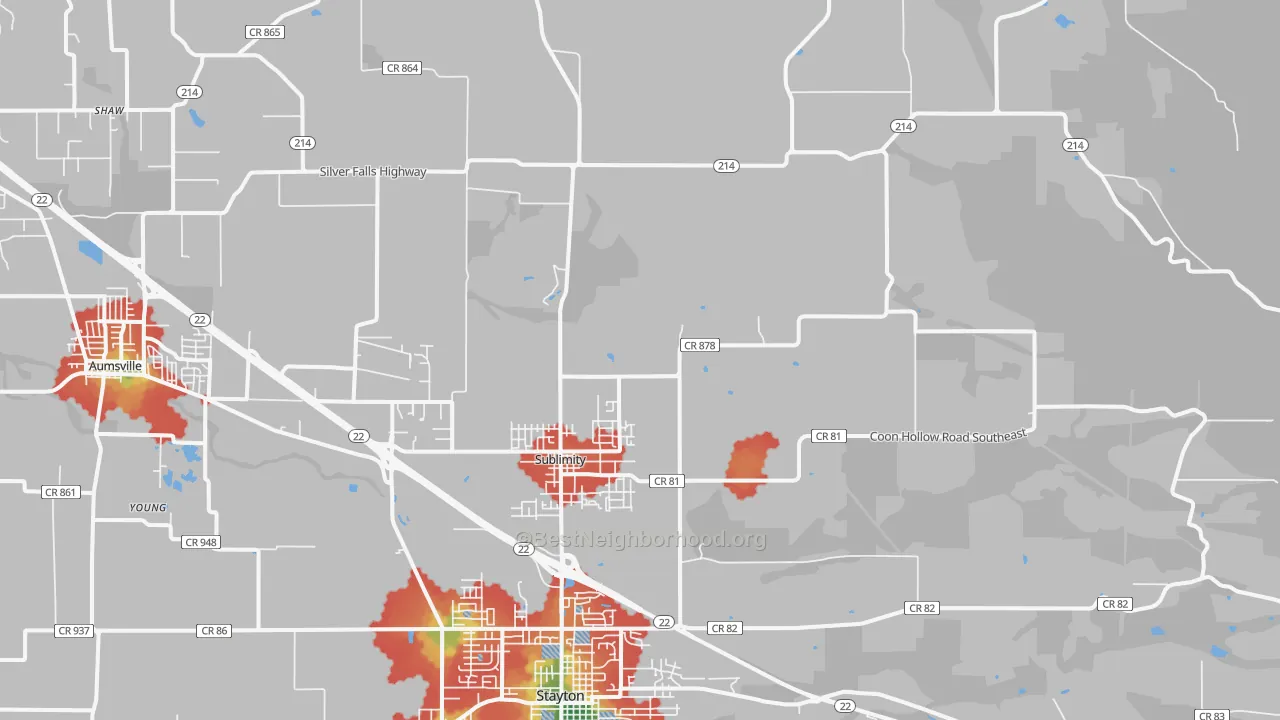 Walk Grade map of Sublimity, OR, walkable areas in green and car-dependent areas in red
