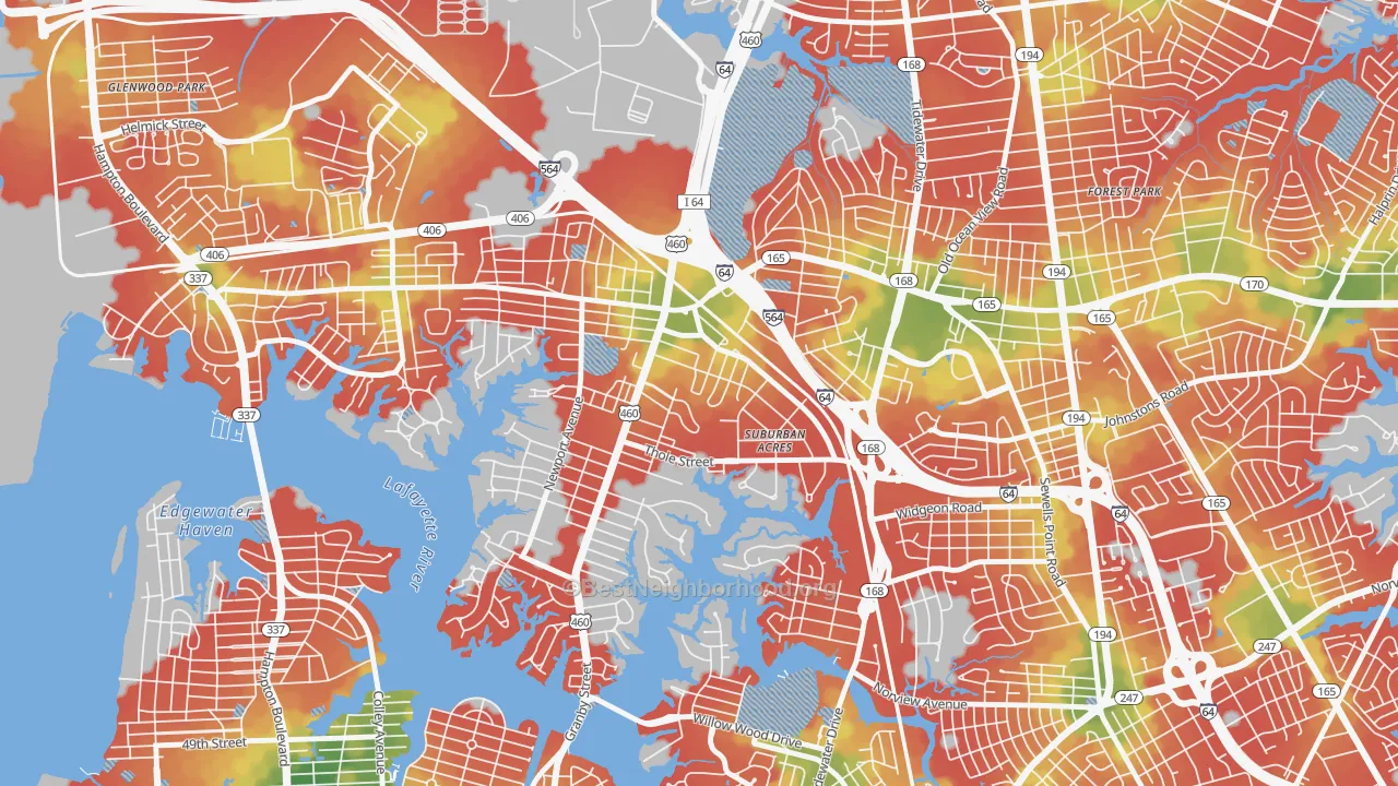 Walk Grade map of Suburban Acres, Norfolk, VA, walkable areas in green and car-dependent areas in red