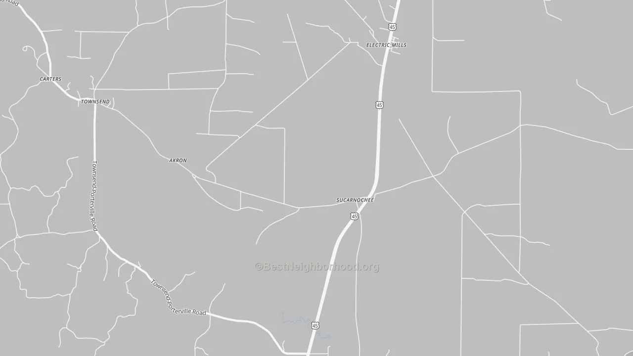 Walk Grade map of Sucarnoochee, MS, walkable areas in green and car-dependent areas in red