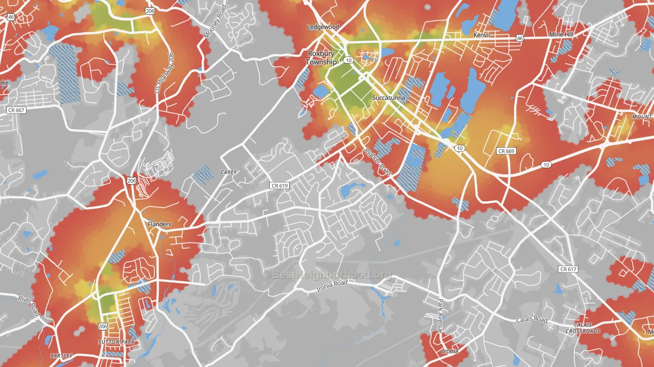 Walk Grade map of Succasunna, NJ, walkable areas in green and car-dependent areas in red