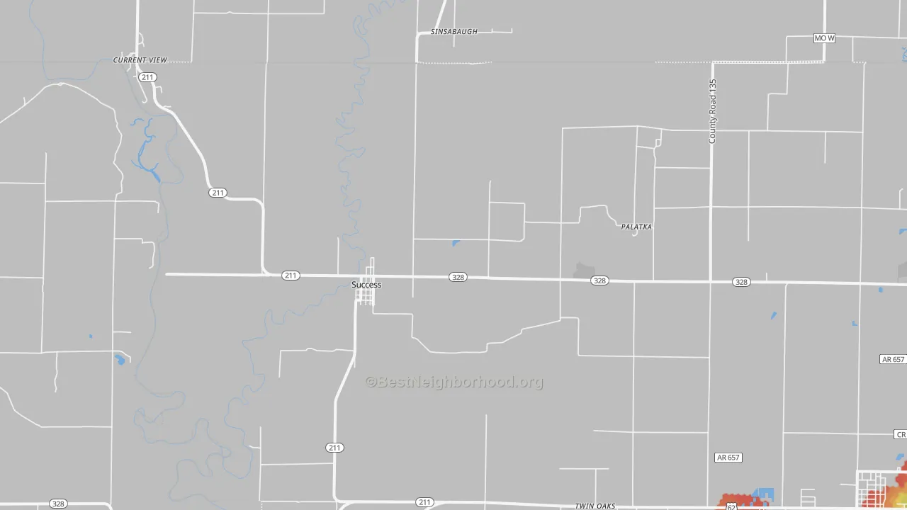 Walk Grade map of Success, AR, walkable areas in green and car-dependent areas in red