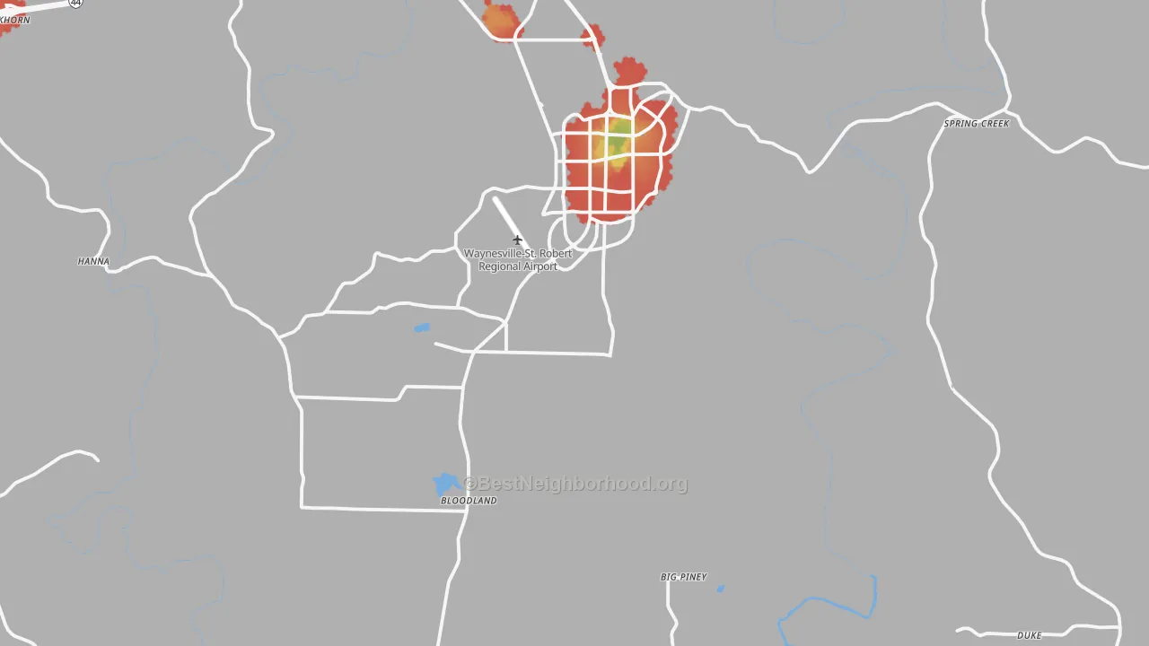 Walk Grade map of Success, MO, walkable areas in green and car-dependent areas in red