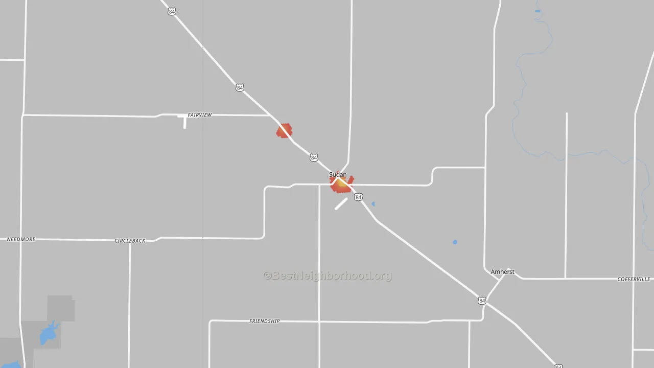 Walk Grade map of Sudan, TX, walkable areas in green and car-dependent areas in red