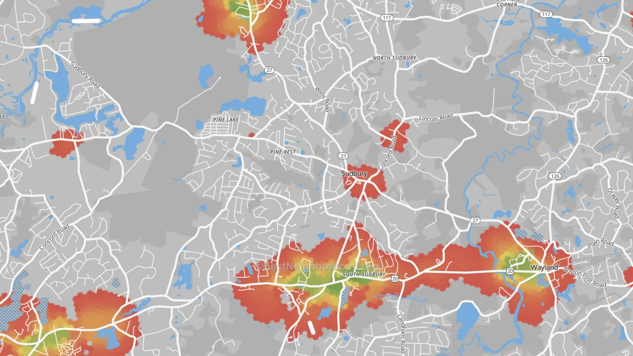 Walk Grade map of Sudbury, MA, walkable areas in green and car-dependent areas in red