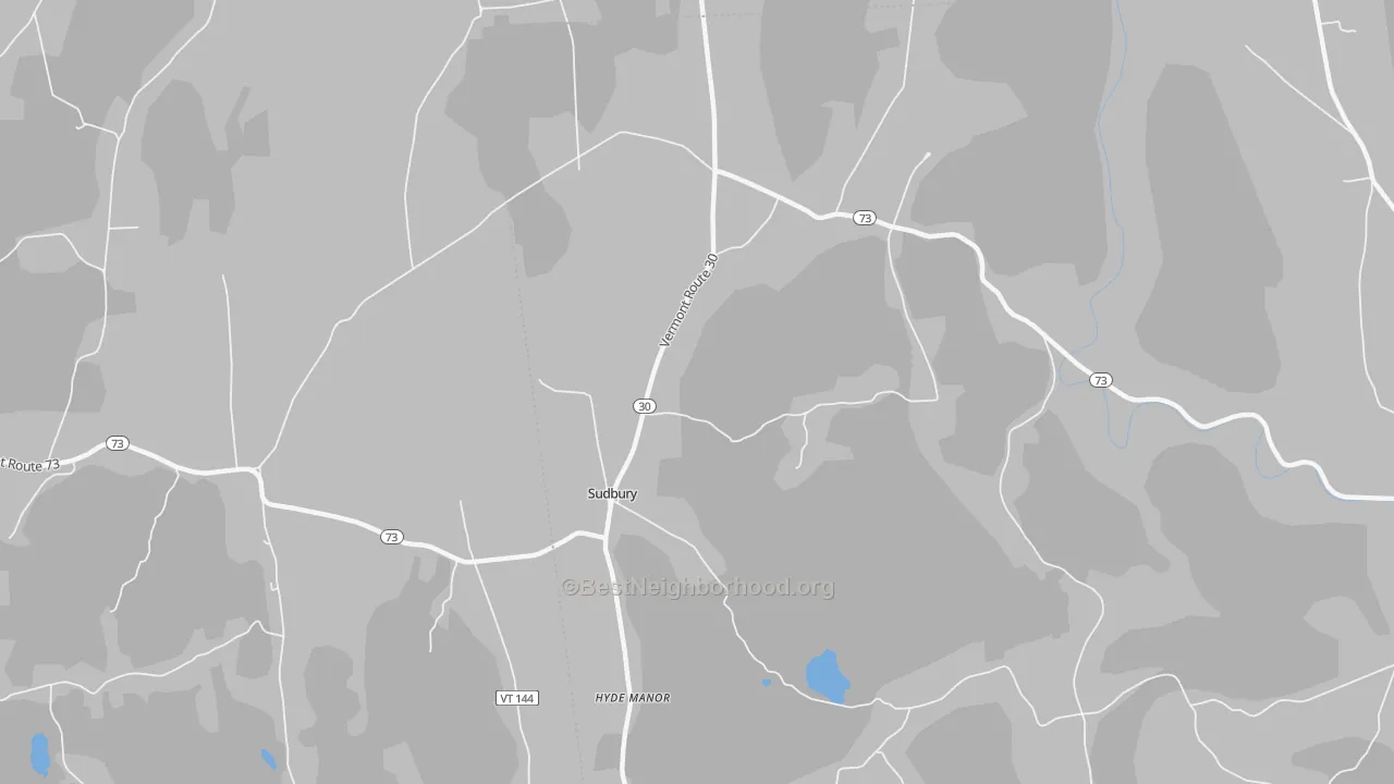 Walk Grade map of Sudbury, VT, walkable areas in green and car-dependent areas in red