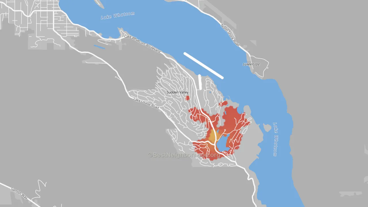 Walk Grade map of Sudden Valley, WA, walkable areas in green and car-dependent areas in red
