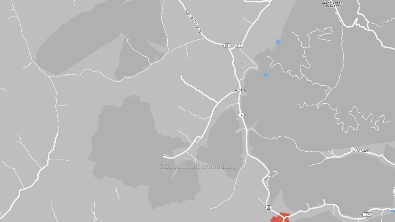 Walk Grade map of Sudith, KY, walkable areas in green and car-dependent areas in red