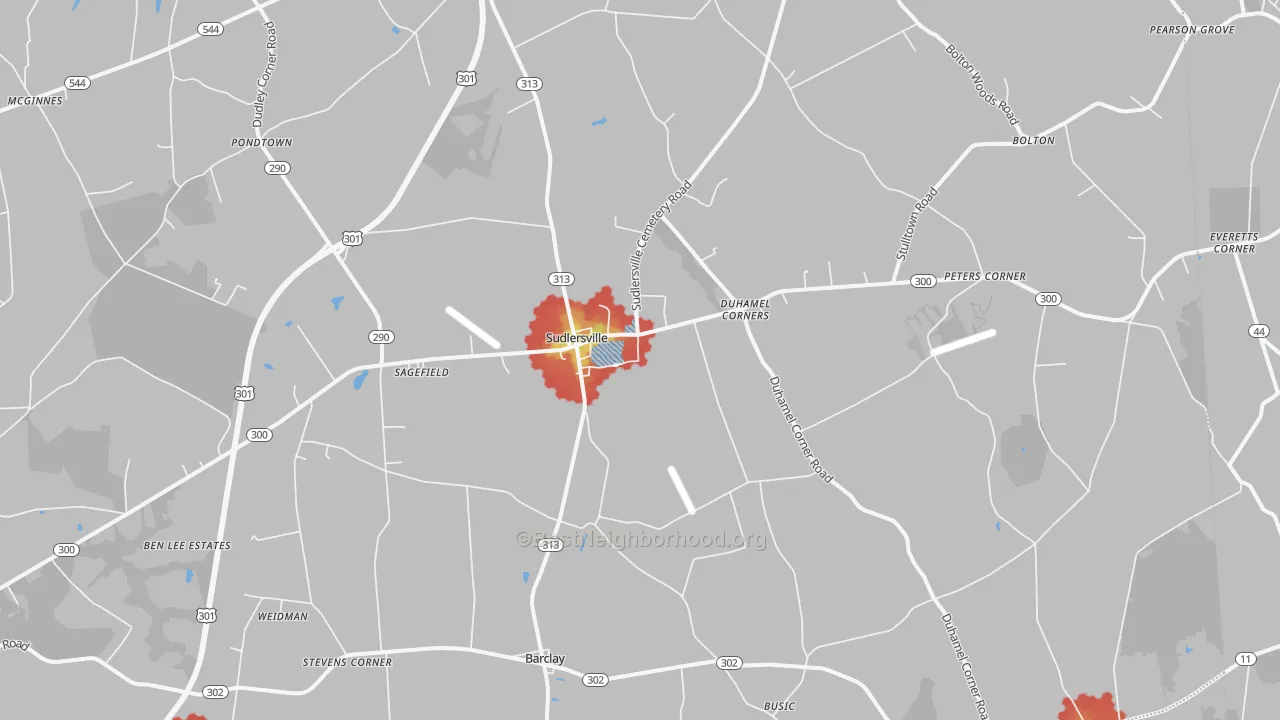Walk Grade map of Sudlersville, MD, walkable areas in green and car-dependent areas in red