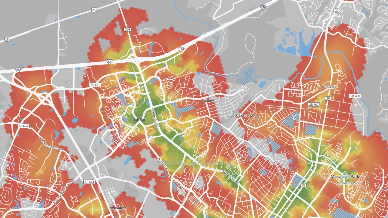 Walk Grade map of Sudley, VA, walkable areas in green and car-dependent areas in red
