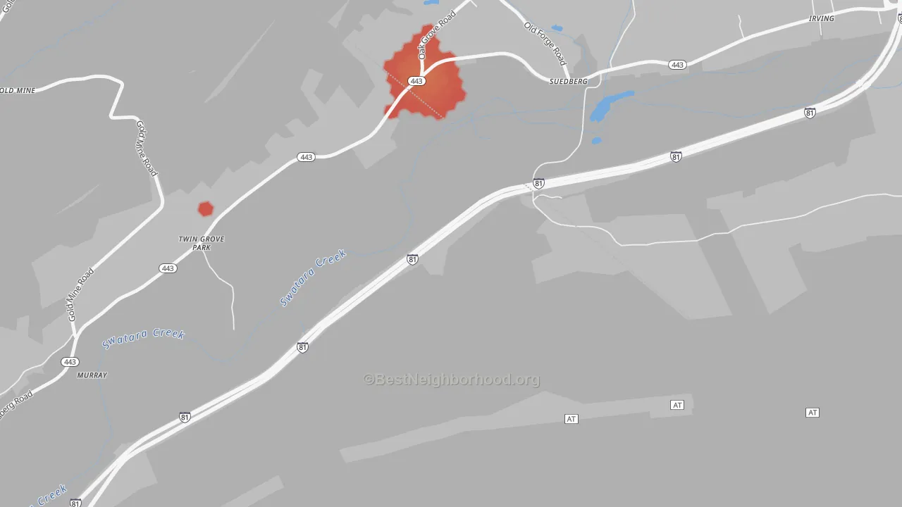 Walk Grade map of Suedburg, PA, walkable areas in green and car-dependent areas in red