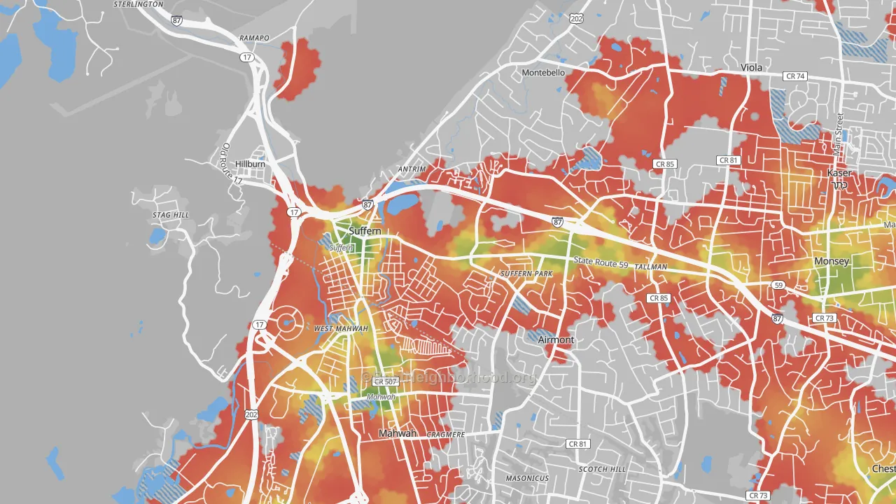 Walk Grade map of Suffern, NY, walkable areas in green and car-dependent areas in red