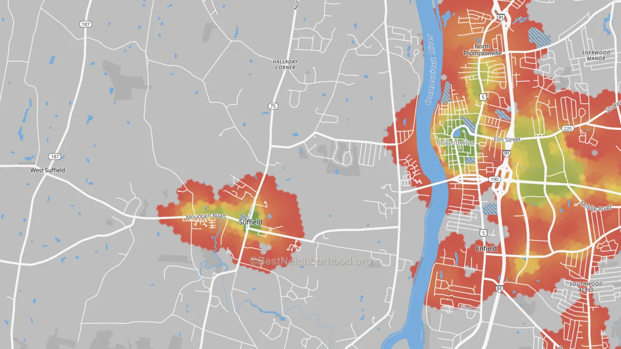 Walk Grade map of Suffield, CT, walkable areas in green and car-dependent areas in red
