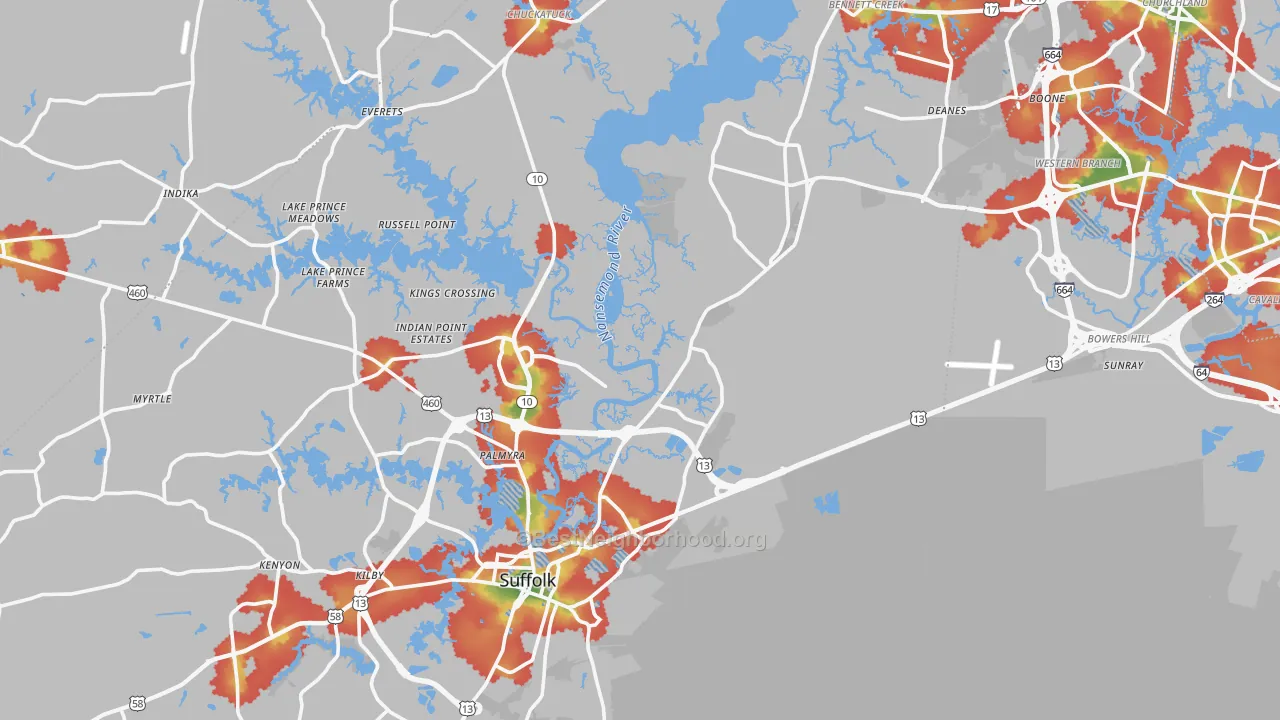 Walk Grade map of Suffolk City, VA, walkable areas in green and car-dependent areas in red
