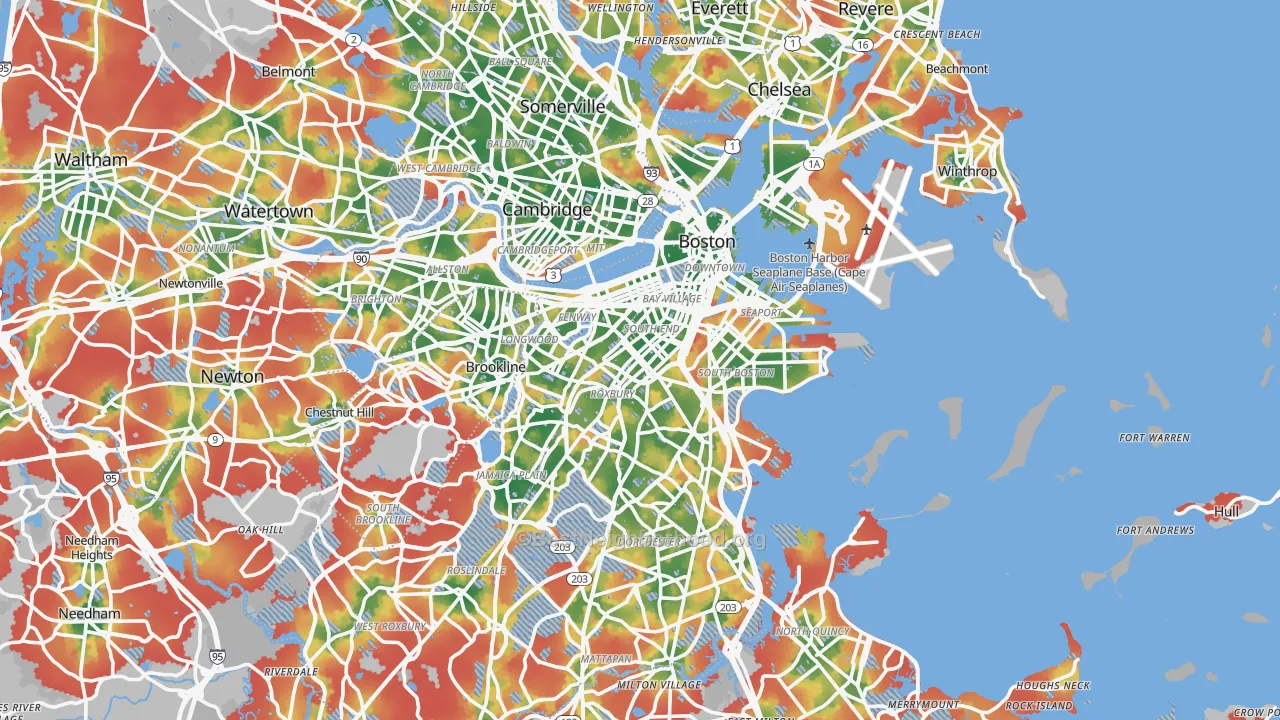 Walk Grade map of Suffolk County, MA, walkable areas in green and car-dependent areas in red