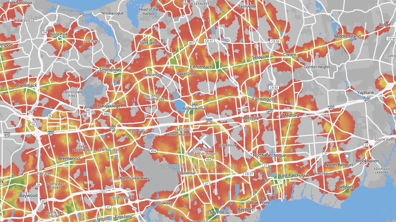 Walk Grade map of Suffolk County, NY, walkable areas in green and car-dependent areas in red