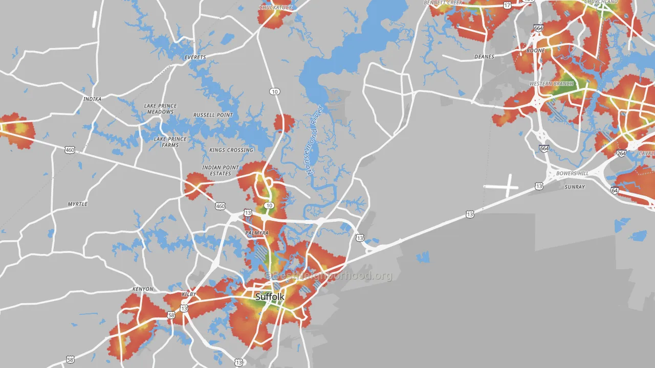 Walk Grade map of Suffolk, VA, walkable areas in green and car-dependent areas in red