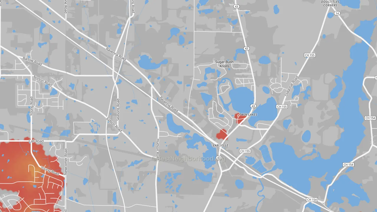 Walk Grade map of Sugar Bush Knolls, OH, walkable areas in green and car-dependent areas in red