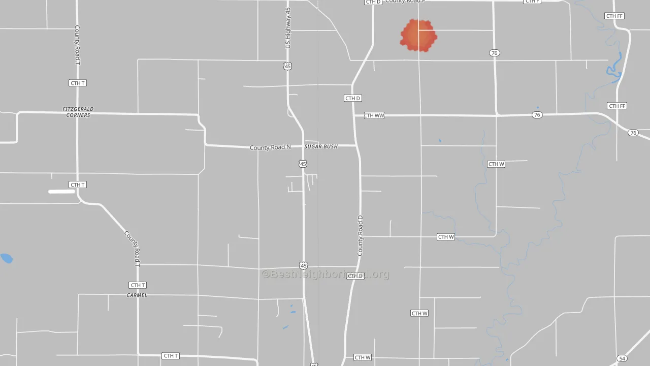 Walk Grade map of Sugar Bush, WI, walkable areas in green and car-dependent areas in red