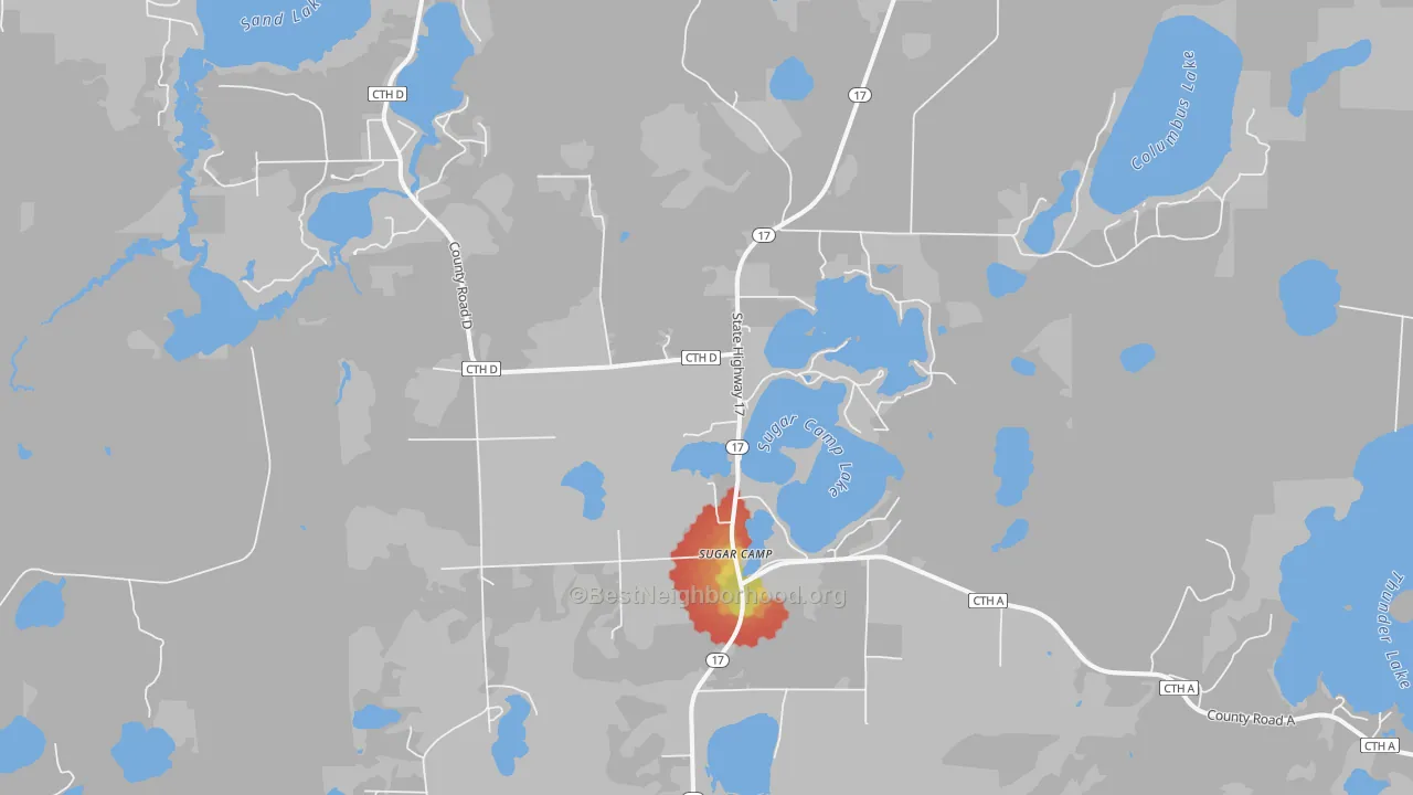 Walk Grade map of Sugar Camp, WI, walkable areas in green and car-dependent areas in red