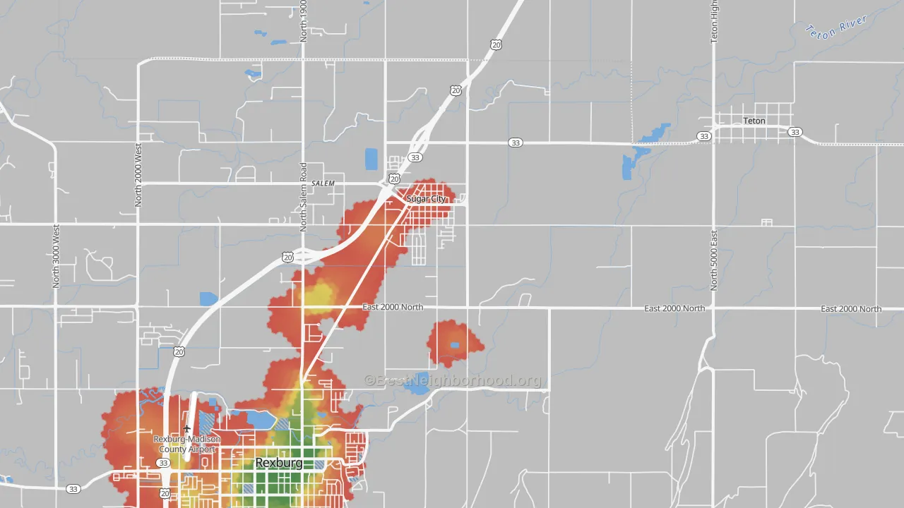 Walk Grade map of Sugar City, ID, walkable areas in green and car-dependent areas in red