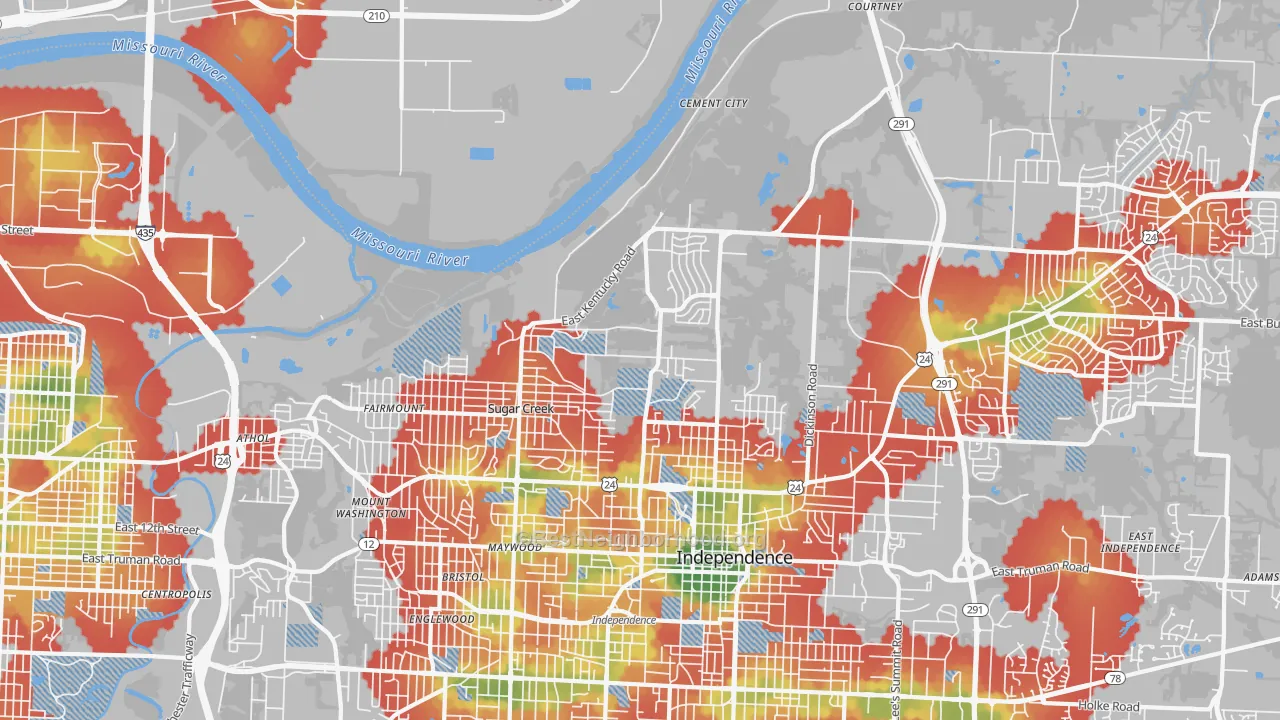 Walk Grade map of Sugar Creek, MO, walkable areas in green and car-dependent areas in red