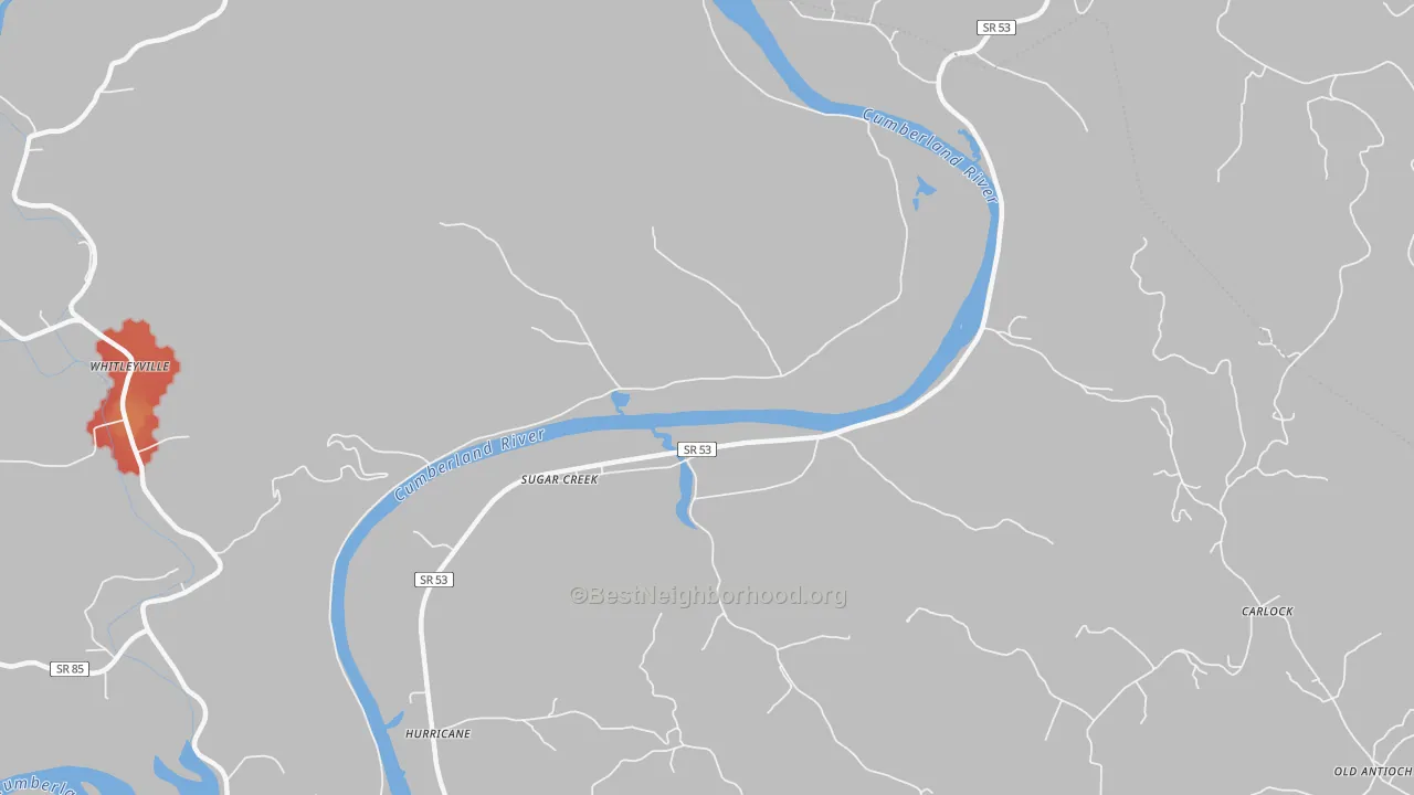 Walk Grade map of Sugar Creek, TN, walkable areas in green and car-dependent areas in red