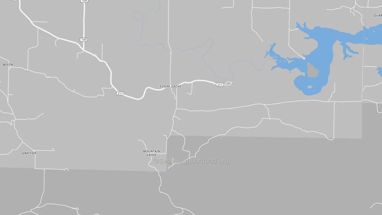 Walk Grade map of Sugar Grove, AR, walkable areas in green and car-dependent areas in red