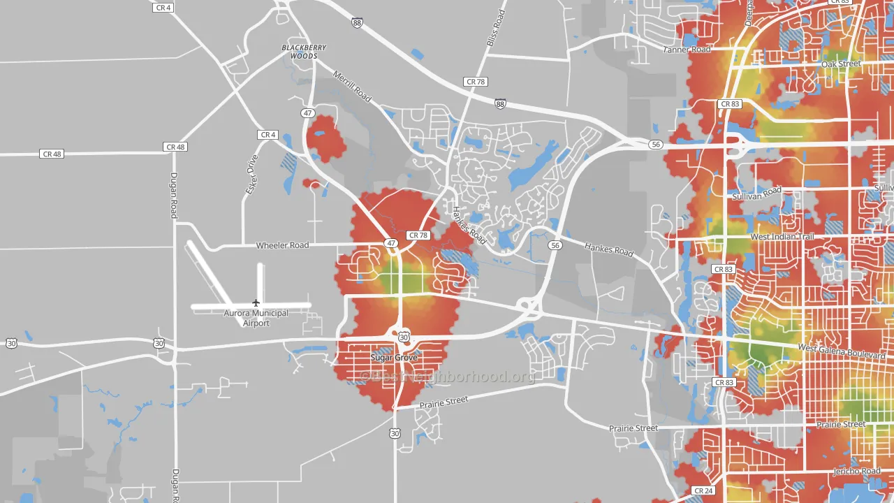 Walk Grade map of Sugar Grove, IL, walkable areas in green and car-dependent areas in red