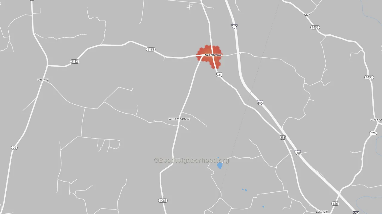 Walk Grade map of Sugar Grove, KY, walkable areas in green and car-dependent areas in red