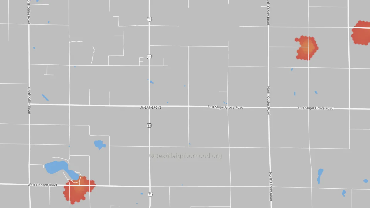 Walk Grade map of Sugar Grove, MI, walkable areas in green and car-dependent areas in red
