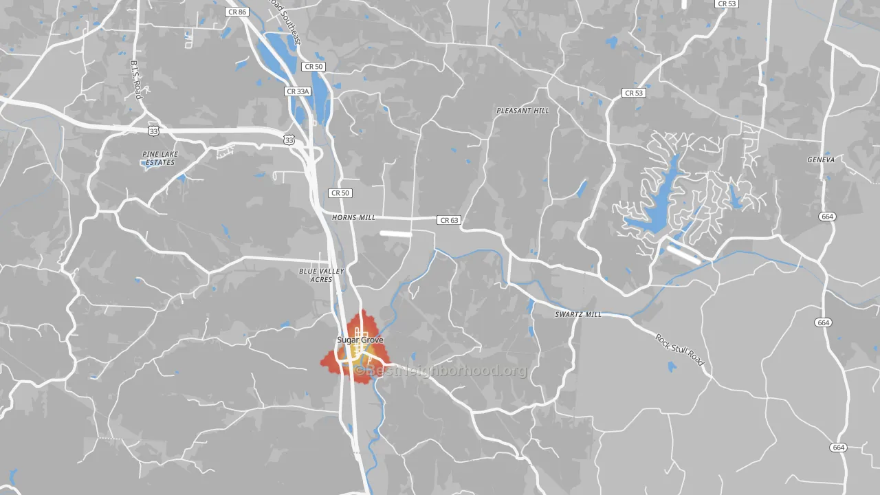 Walk Grade map of Sugar Grove, OH, walkable areas in green and car-dependent areas in red