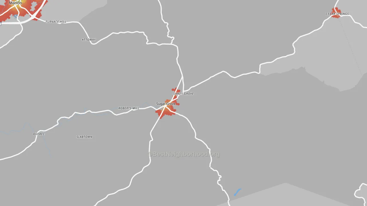 Walk Grade map of Sugar Grove, VA, walkable areas in green and car-dependent areas in red
