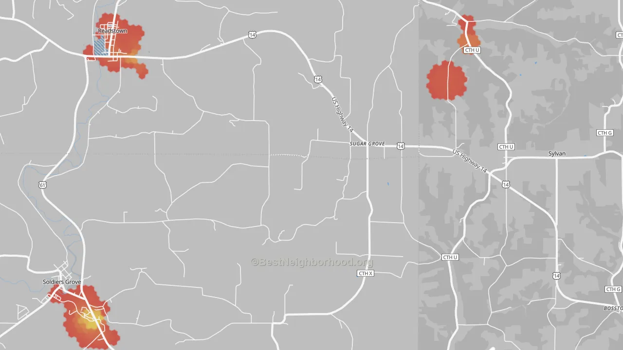 Walk Grade map of Sugar Grove, WI, walkable areas in green and car-dependent areas in red