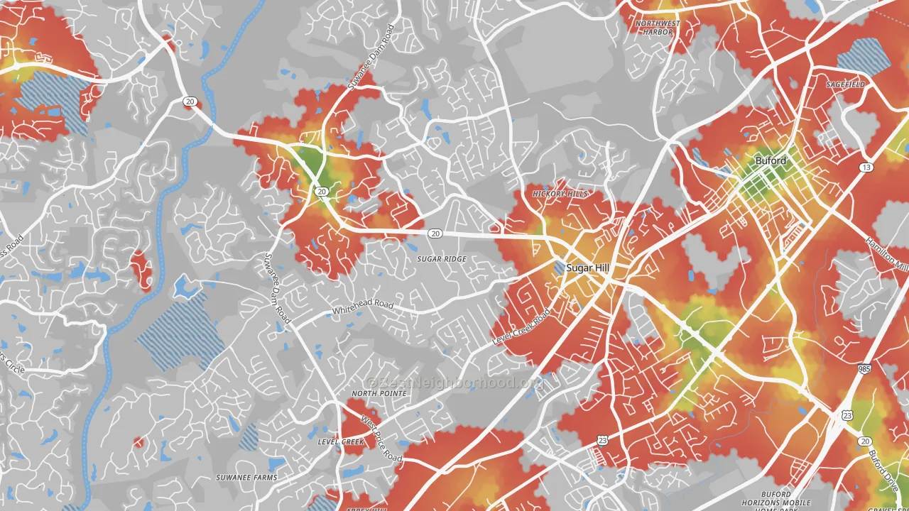Walk Grade map of Sugar Hill, GA, walkable areas in green and car-dependent areas in red