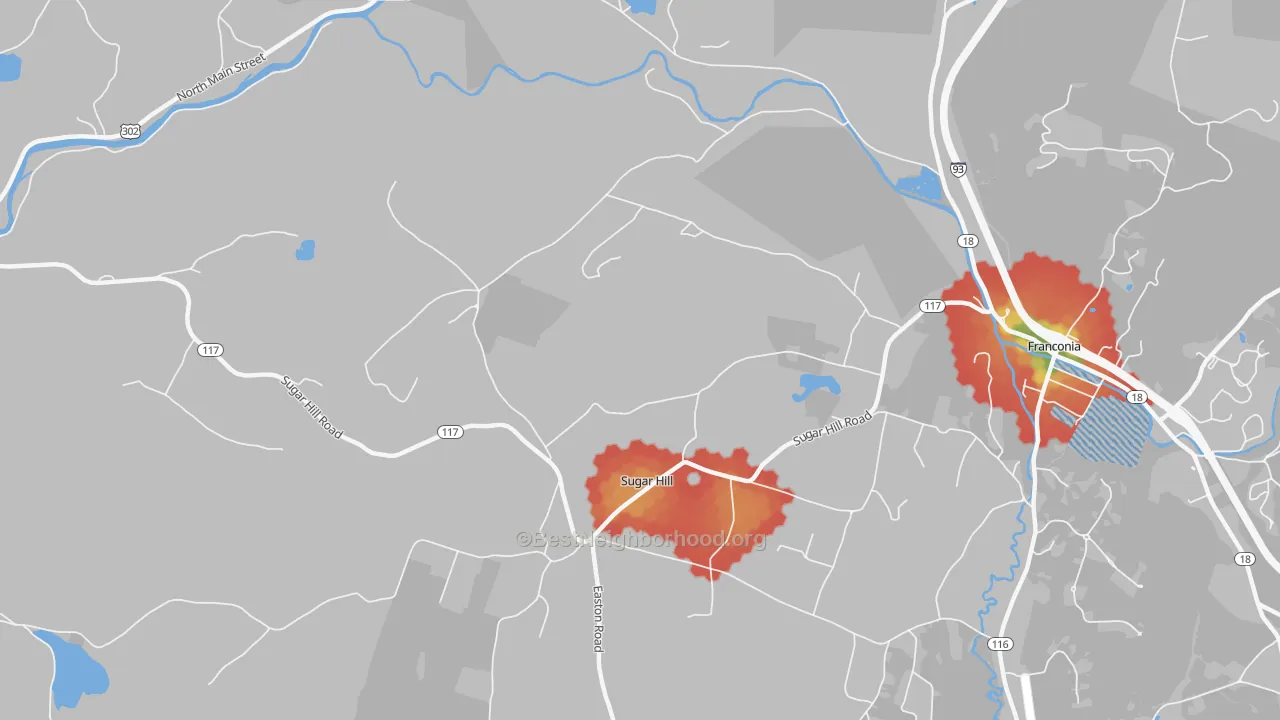 Walk Grade map of Sugar Hill, NH, walkable areas in green and car-dependent areas in red
