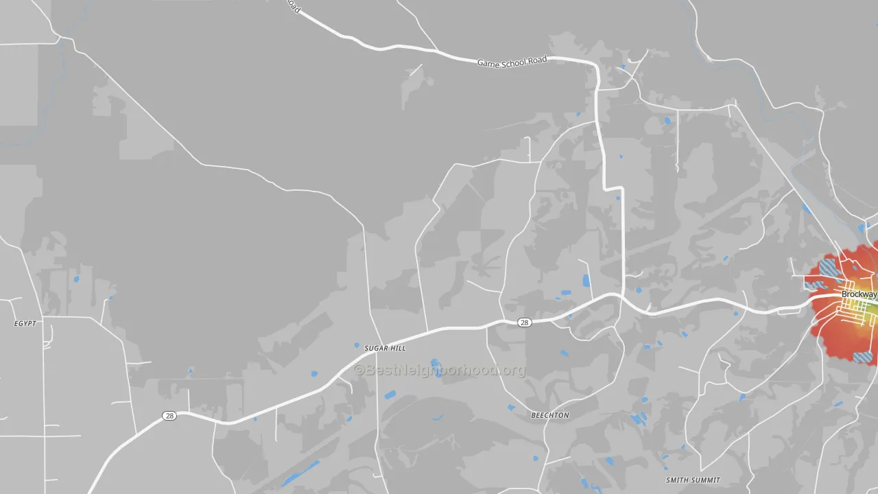 Walk Grade map of Sugar Hill, PA, walkable areas in green and car-dependent areas in red