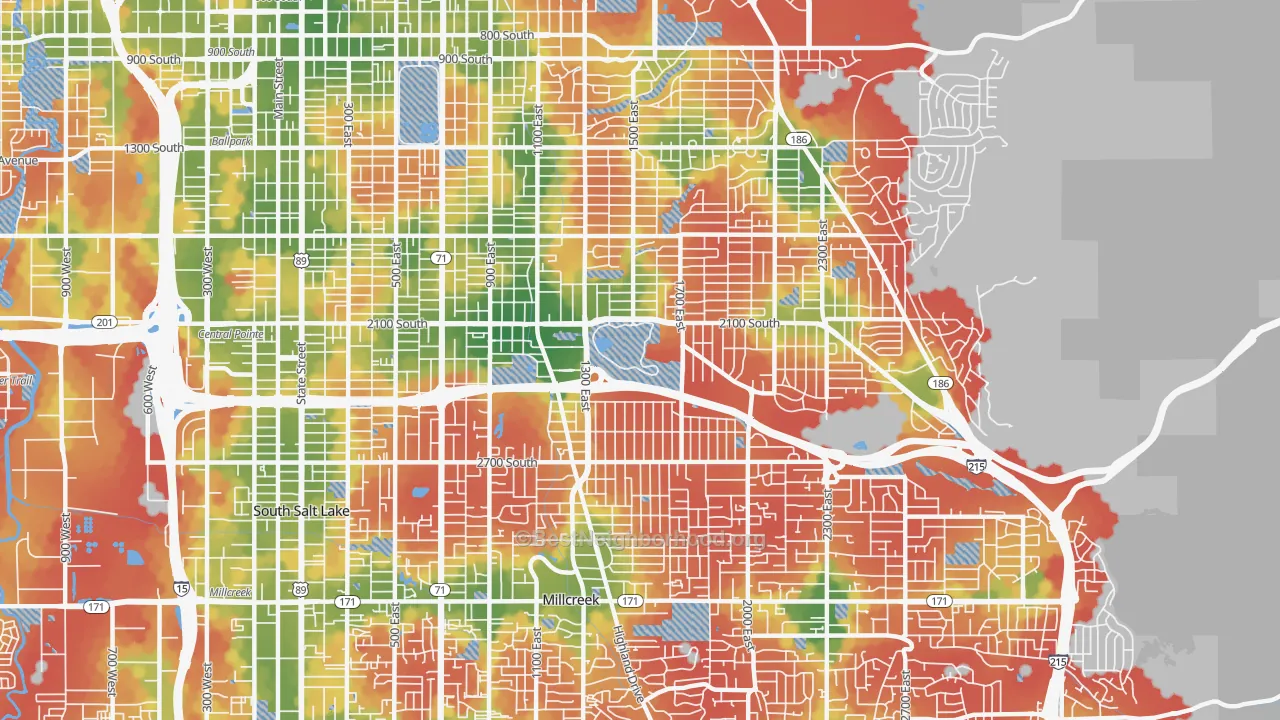 Walk Grade map of Sugar House, Salt Lake City, UT, walkable areas in green and car-dependent areas in red