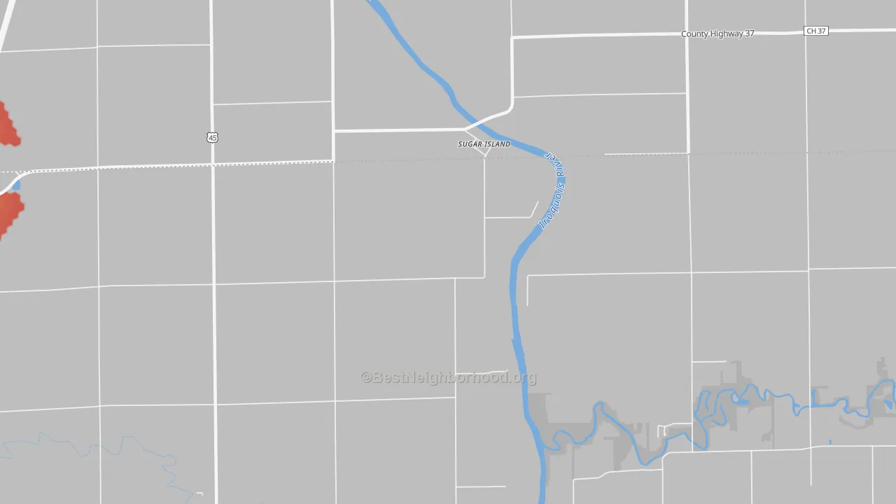 Walk Grade map of Sugar Island, IL, walkable areas in green and car-dependent areas in red