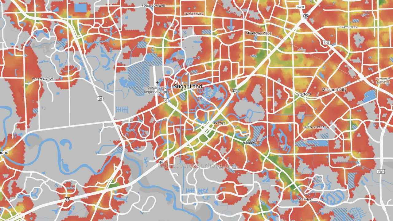 Walk Grade map of Sugar Land, TX, walkable areas in green and car-dependent areas in red