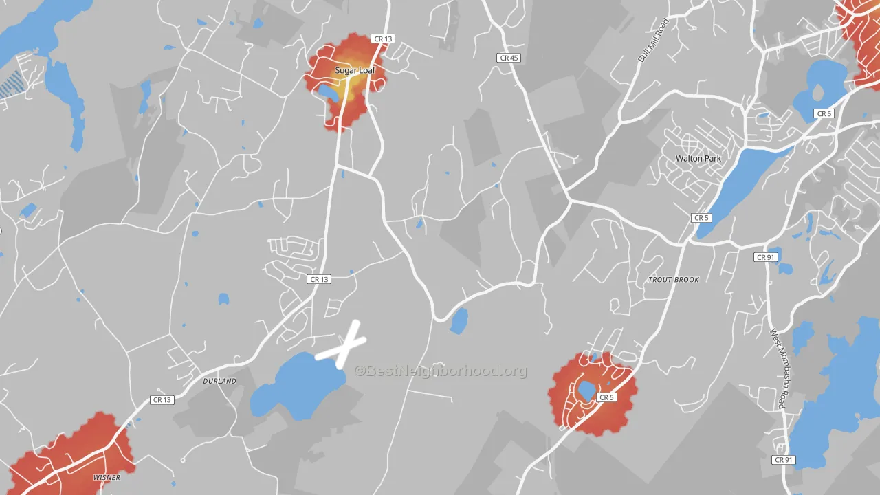 Walk Grade map of Sugar Loaf, NY, walkable areas in green and car-dependent areas in red