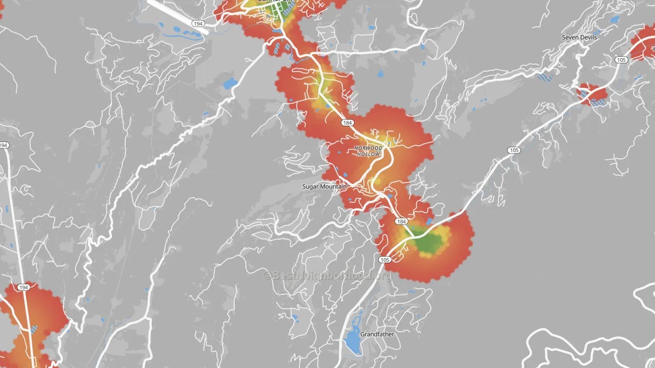 Walk Grade map of Sugar Mountain, NC, walkable areas in green and car-dependent areas in red