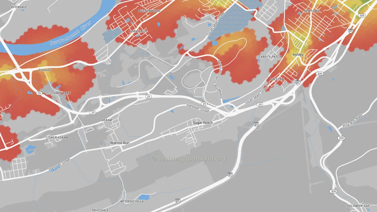 Walk Grade map of Sugar Notch, PA, walkable areas in green and car-dependent areas in red