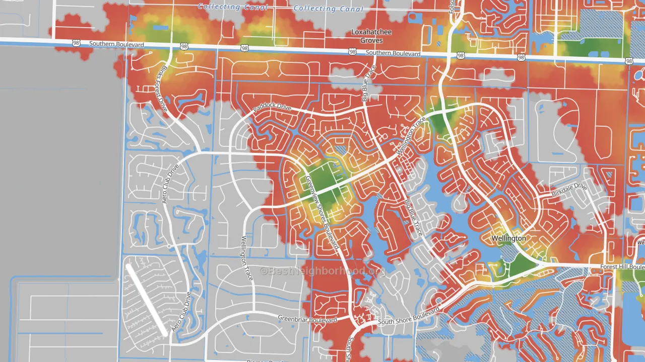 Walk Grade map of Sugar Pond Manor of Wellington, Wellington, FL, walkable areas in green and car-dependent areas in red