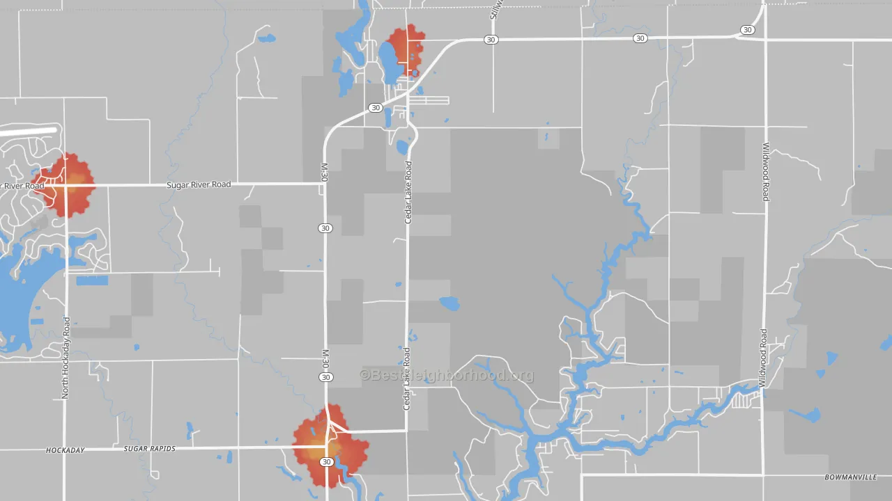 Walk Grade map of Sugar Rapids, MI, walkable areas in green and car-dependent areas in red