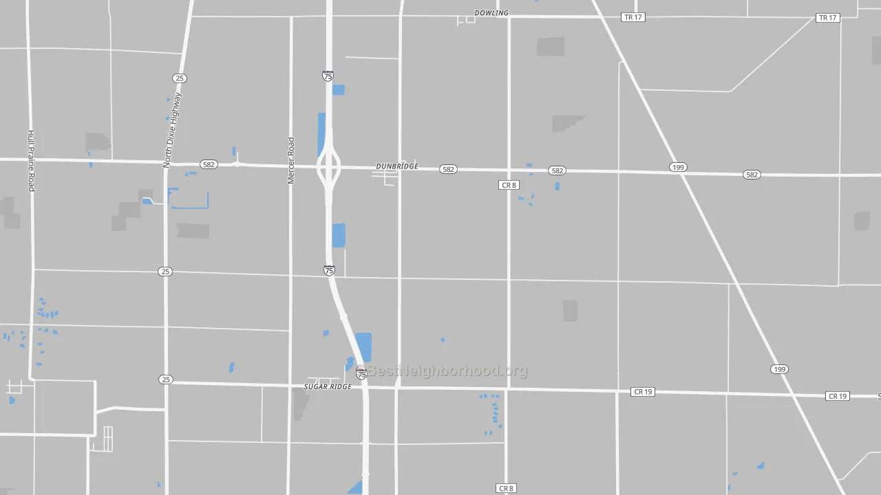 Walk Grade map of Sugar Ridge, OH, walkable areas in green and car-dependent areas in red
