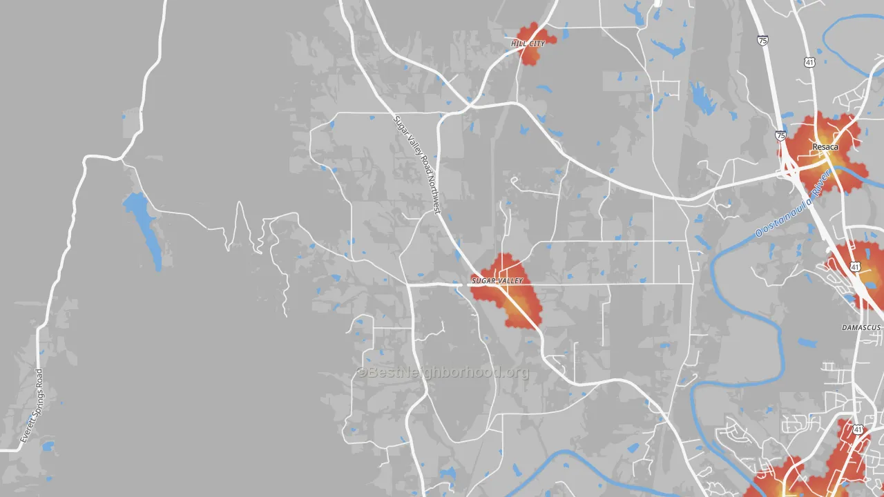 Walk Grade map of Sugar Valley, GA, walkable areas in green and car-dependent areas in red