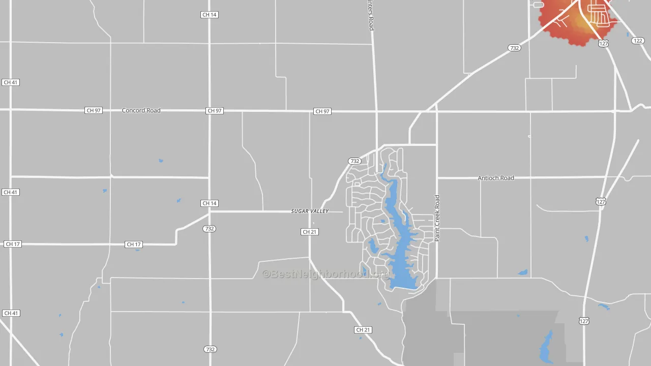Walk Grade map of Sugar Valley, OH, walkable areas in green and car-dependent areas in red